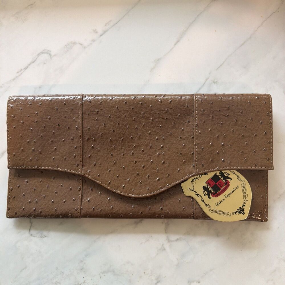 Urban Expressions Brown Envelope Clutch NWT Vegan Ostrich Embossed Luxury